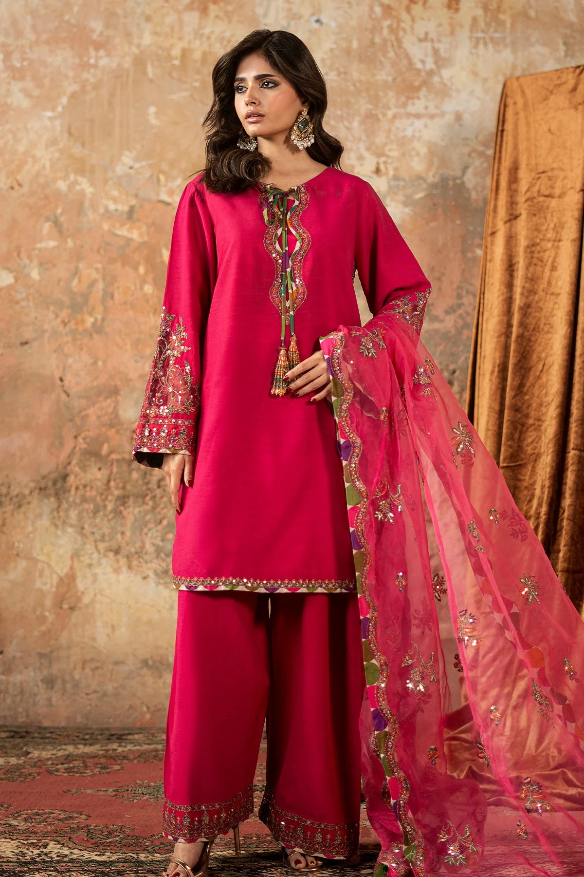 3-PC Embroidered  Raw Silk CMA-6-138