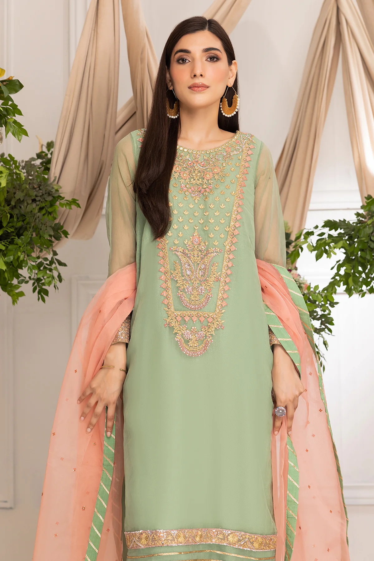 3-Pc Green Organza Shirt With Organza Dupatta and Raw Silk Trouser CMA23-14 - Image 4