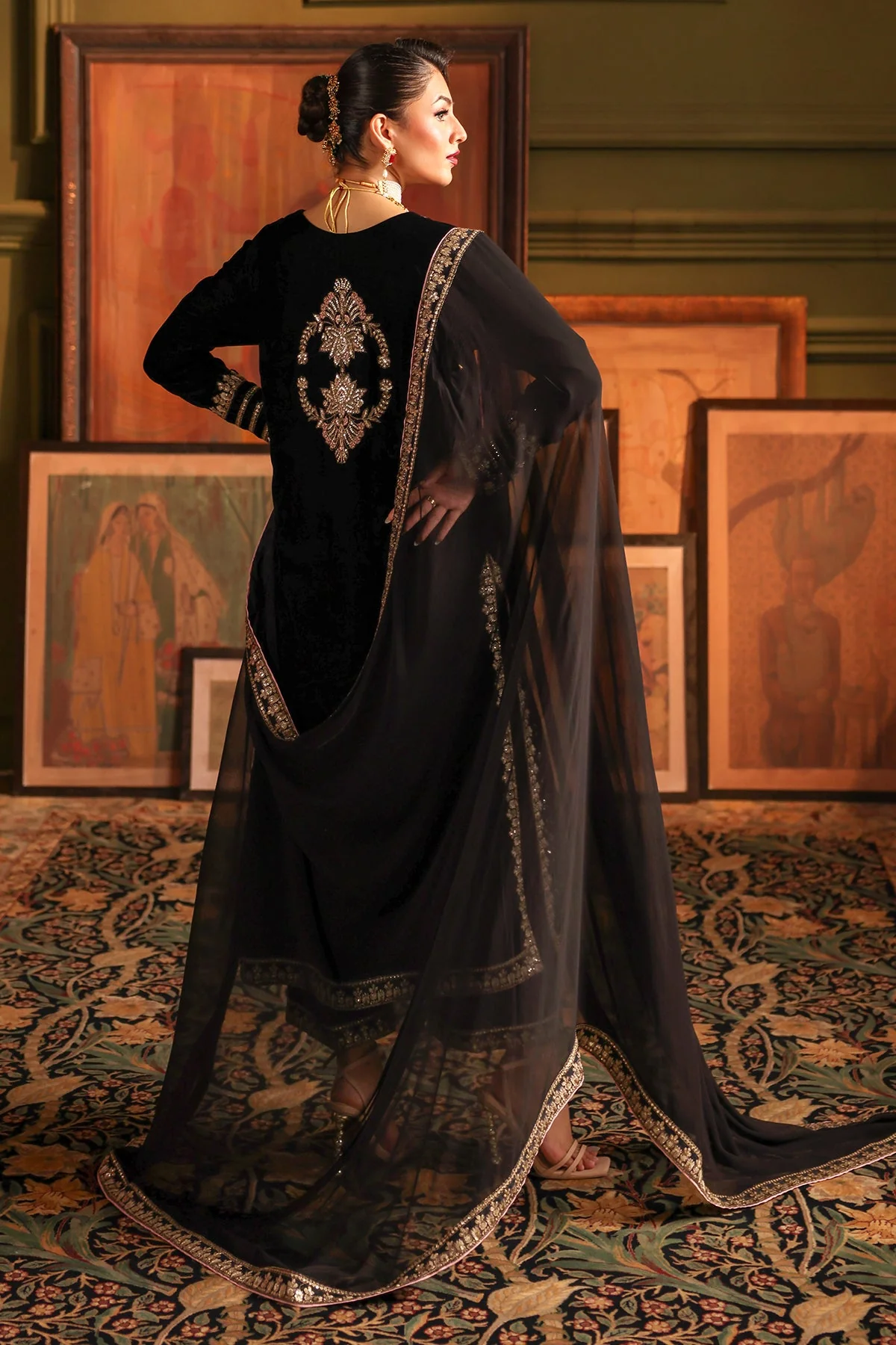 3-PC Embroidered Velvet Shirt with Embroidered Chiffon Dupatta and Trouser VVT-5-16 - Image 3