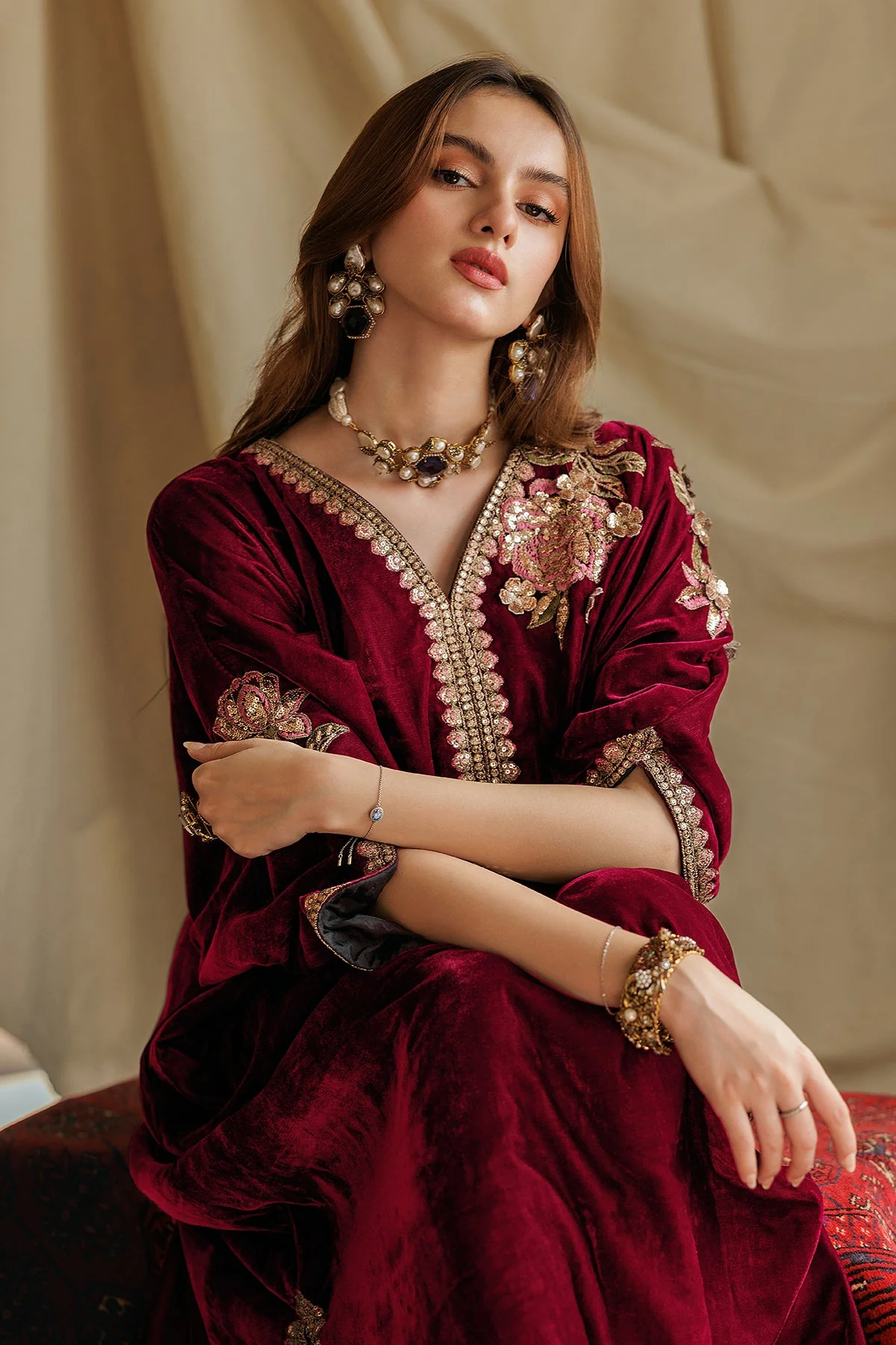 2-PC Embroidered Velvet Kaftaan with Silk Trouser VVT-5-17 RED - Image 2
