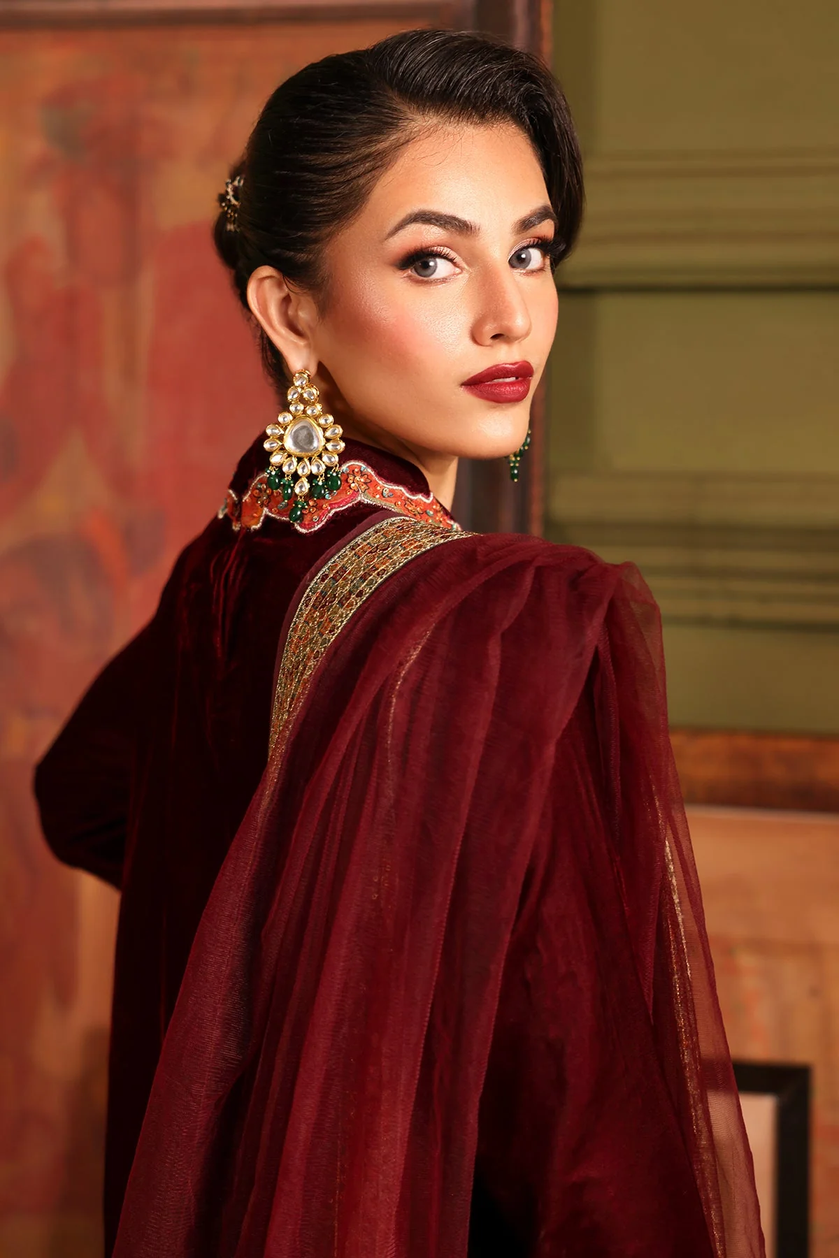 3-PC Embroidered Velvet Shirt with Embroidered Chiffon Dupatta and Trouser VVT4-03 - Image 3