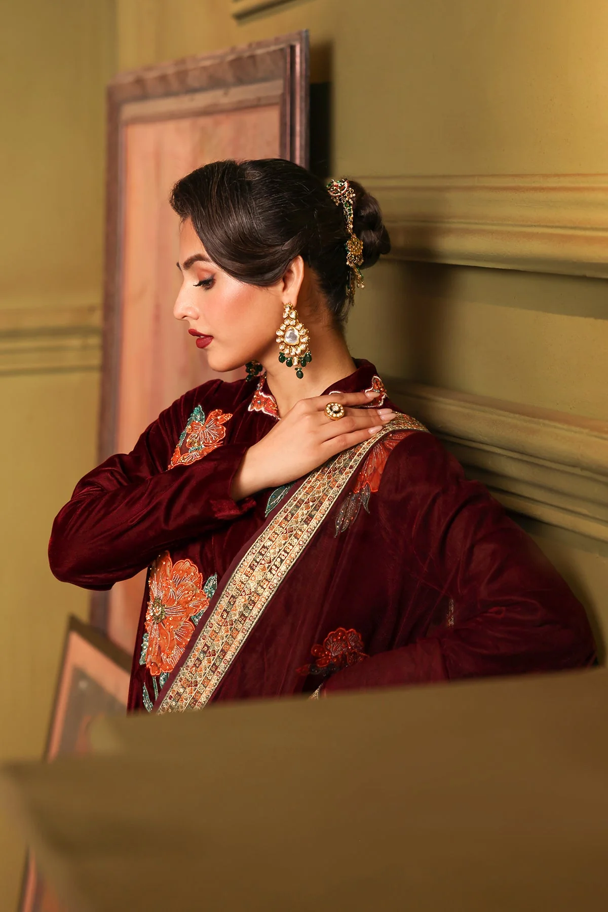3-PC Embroidered Velvet Shirt with Embroidered Chiffon Dupatta and Trouser VVT4-03 - Image 4