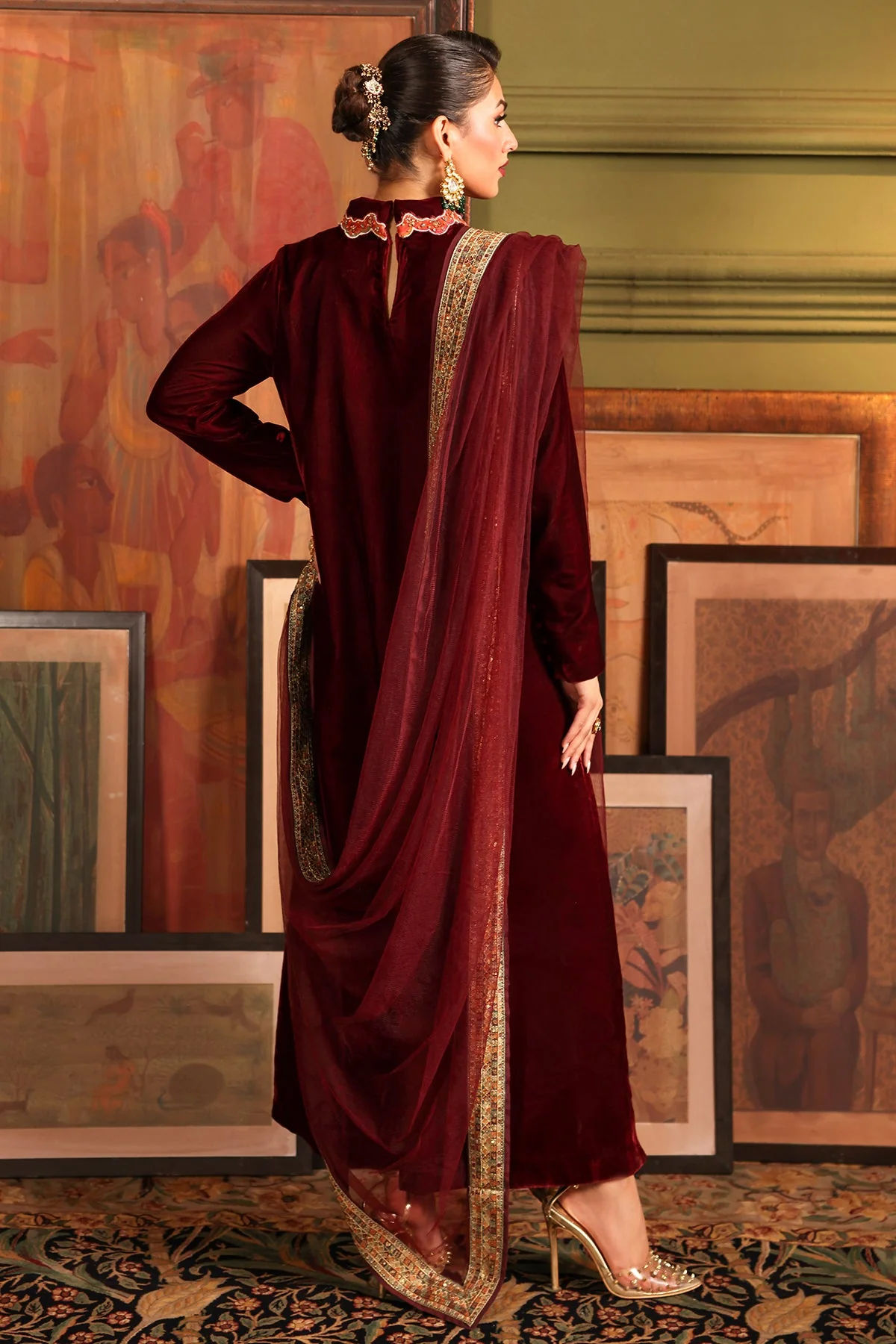 3-PC Embroidered Velvet Shirt with Embroidered Chiffon Dupatta and Trouser VVT4-03 - Image 5